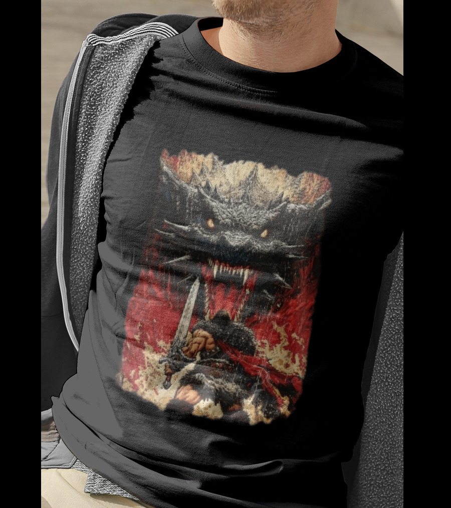Barbarian Warrior Sword Battle Roaring Dragon Fiery Flames Art Ink Line T-Shirt