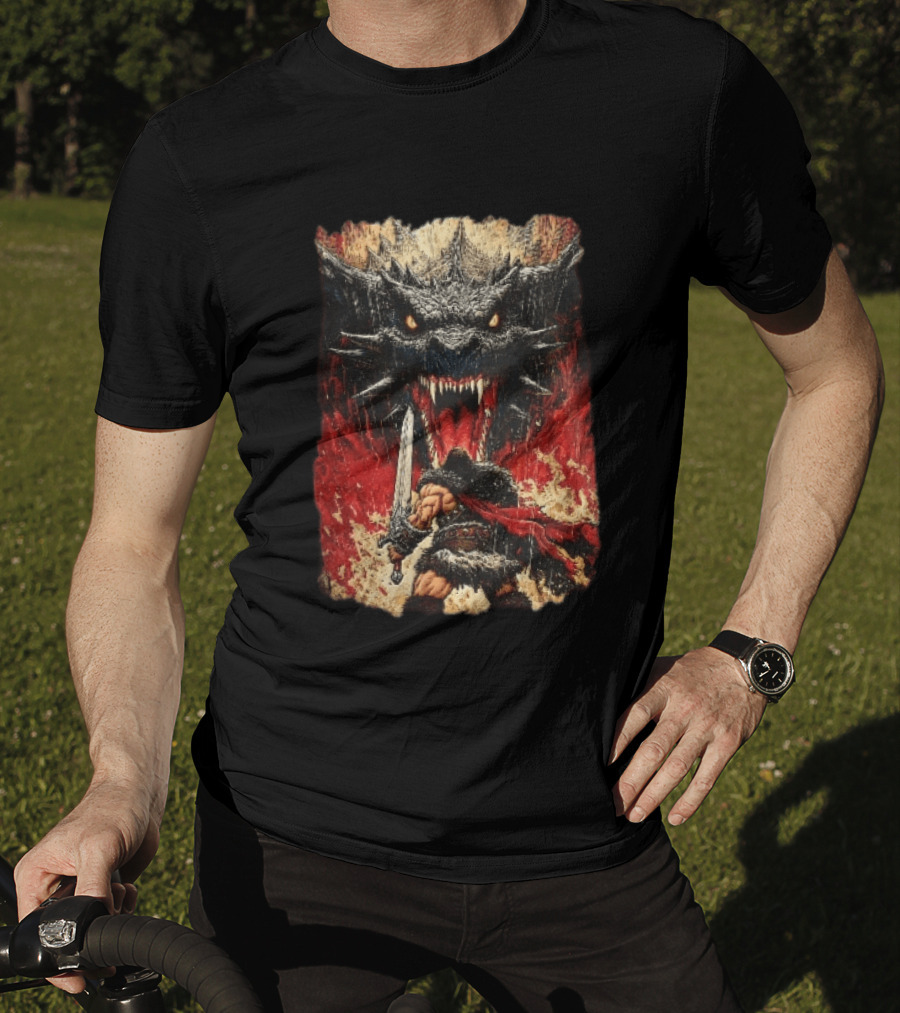 Barbarian Warrior Sword Battle Roaring Dragon Fiery Flames Art Ink Line T-Shirt