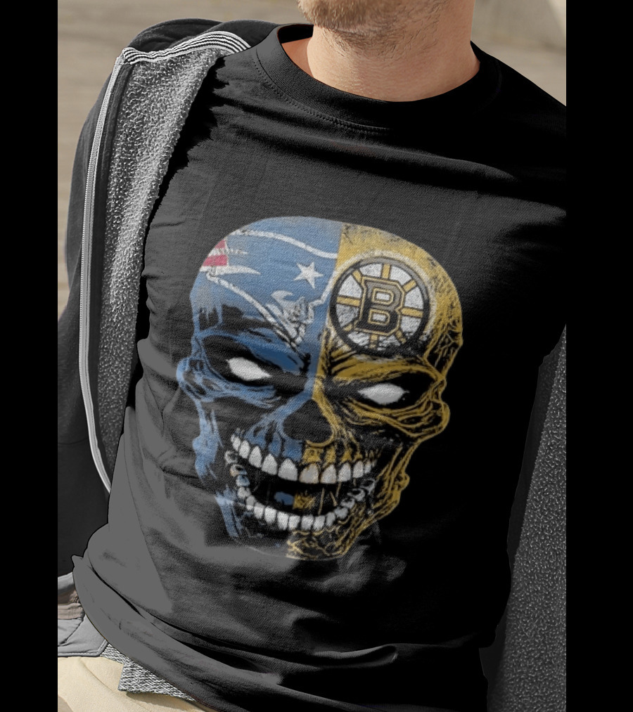 Boston Sports Skull New England Patriots Boston Bruins Fan Fusion T-Shirt