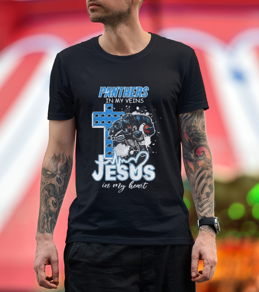 Panthers In My Veins Jesus In My Heart Carolina Football Athlete Cross T-Shirt
