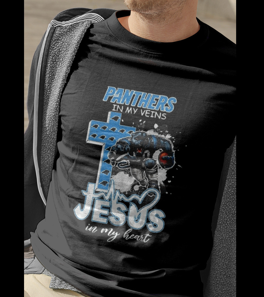 Panthers In My Veins Jesus In My Heart Carolina Football Athlete Cross T-Shirt