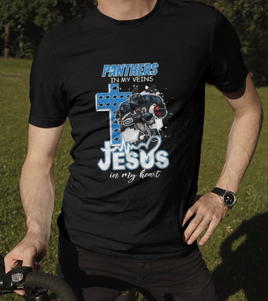 Panthers In My Veins Jesus In My Heart Carolina Football Athlete Cross T-Shirt
