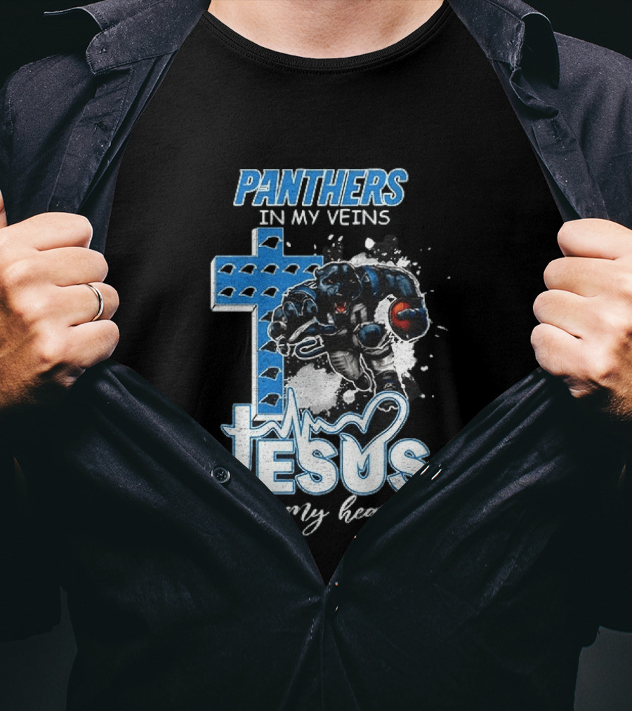 Panthers In My Veins Jesus In My Heart Carolina Football Athlete Cross T-Shirt