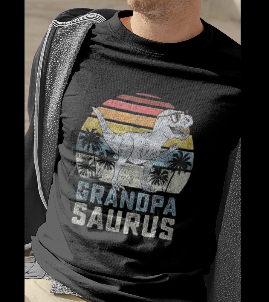 Grandpa Saurus Dinosaur Sunglasses Sunset Palms T-Shirt