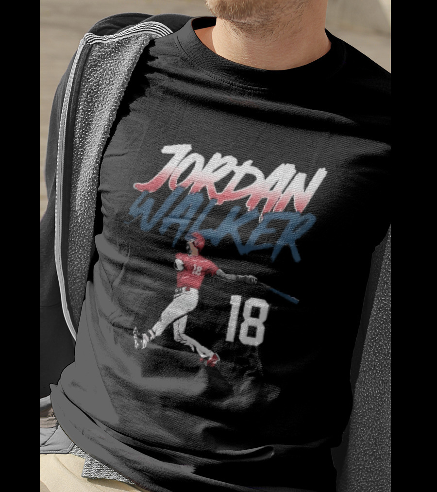 Jordan Walker 18 Baseball Red Uniform Swinging Bat Brush Lettering T-Shirt