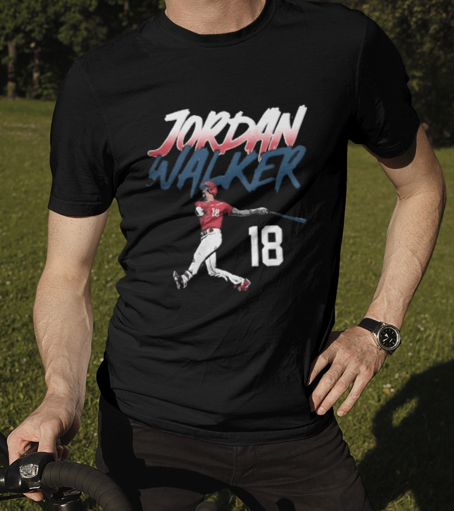 Jordan Walker 18 Baseball Red Uniform Swinging Bat Brush Lettering T-Shirt