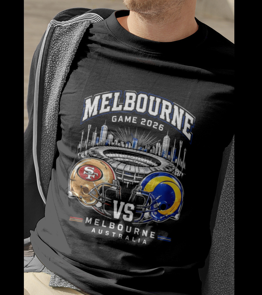 Melbourne Game 2026 San Francisco 49ers Vs Los Angeles Rams Australia Helmets T-Shirt