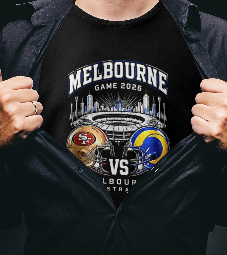 Melbourne Game 2026 San Francisco 49ers Vs Los Angeles Rams Australia Helmets T-Shirt