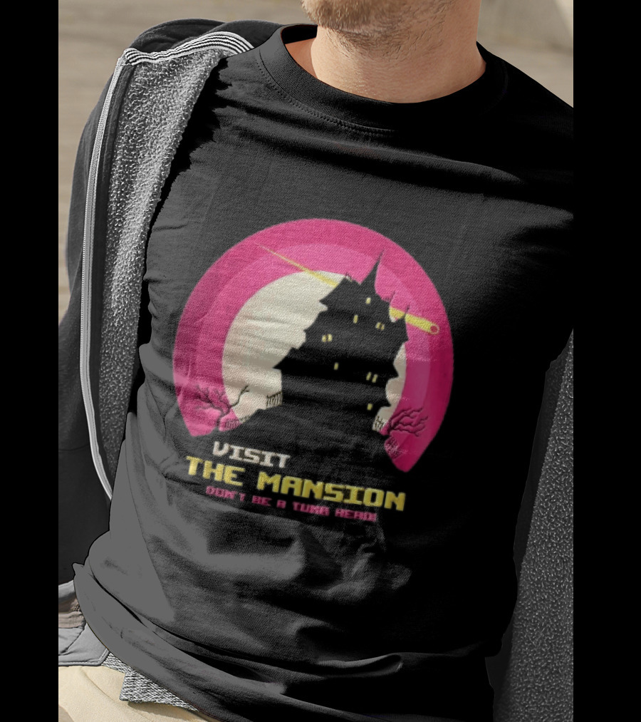 Visit The Mansion Don't Be A Tuna Head Pixel Spooky House Moon Skeleton Trees Yellow Meteor T-Shirt