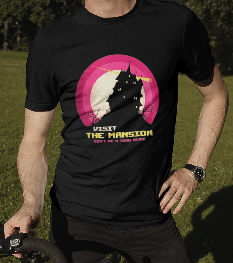 Visit The Mansion Don't Be A Tuna Head Pixel Spooky House Moon Skeleton Trees Yellow Meteor T-Shirt