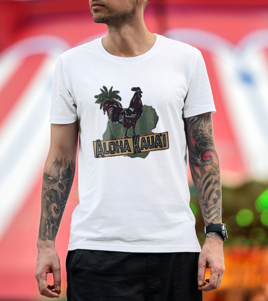 Aloha Kauai Red Rooster Palm Tree Island Map T-Shirt