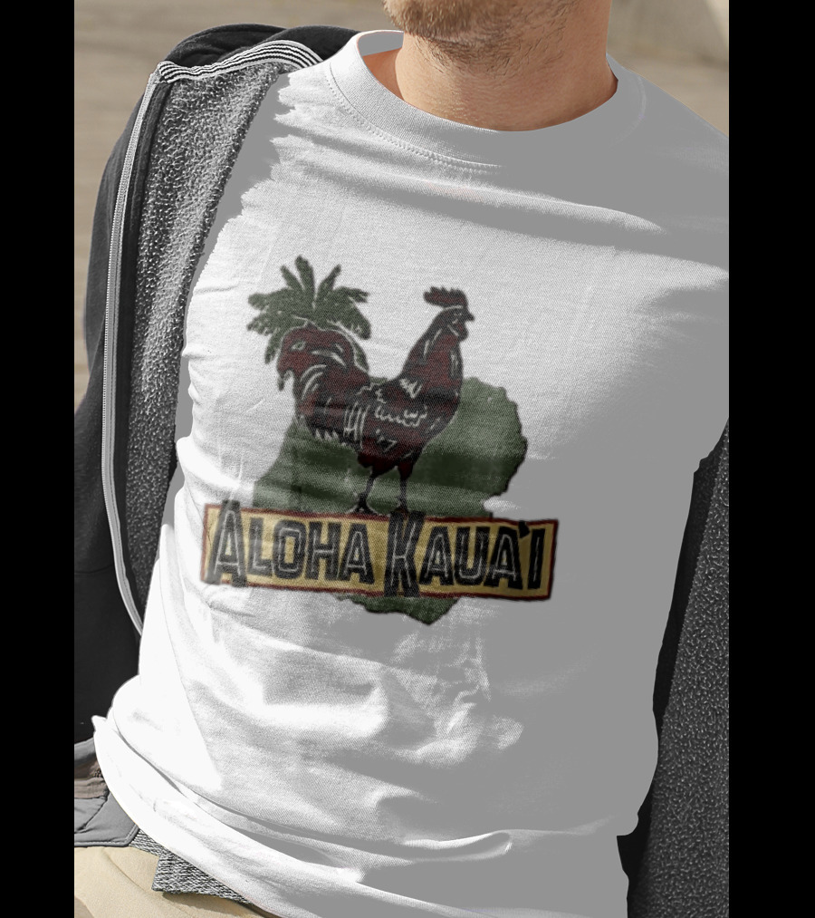 Aloha Kauai Red Rooster Palm Tree Island Map T-Shirt