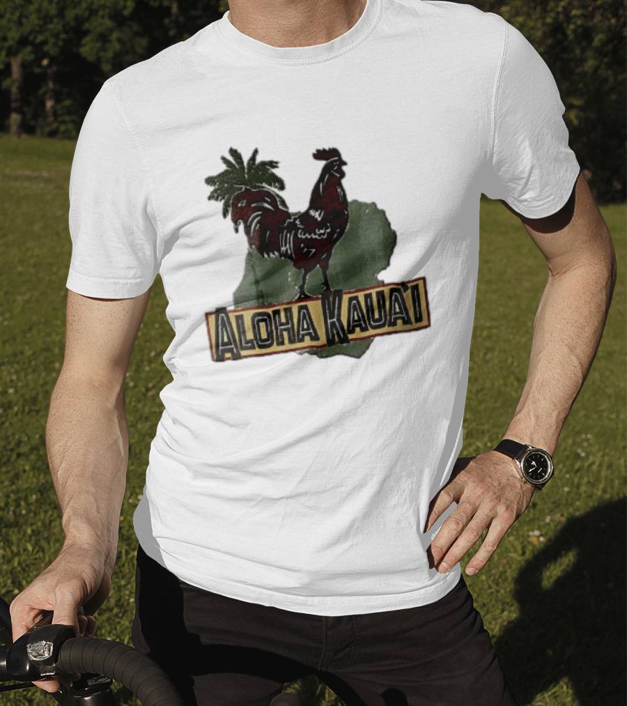 Aloha Kauai Red Rooster Palm Tree Island Map T-Shirt