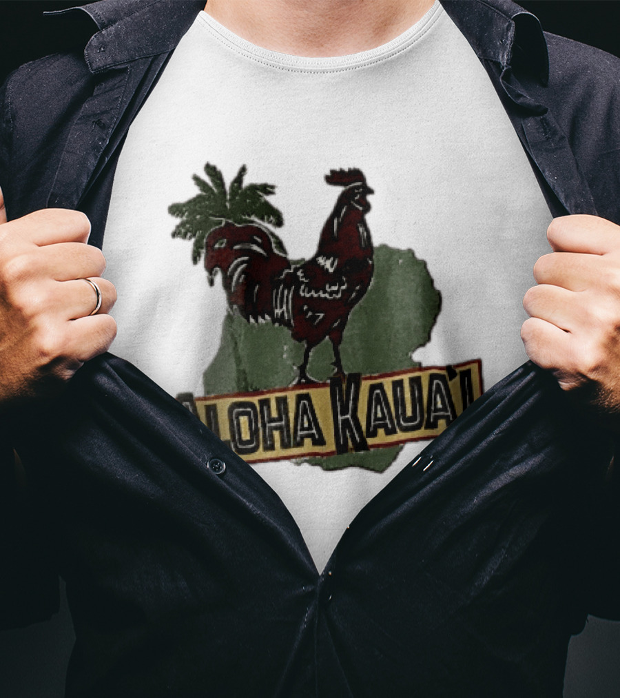 Aloha Kauai Red Rooster Palm Tree Island Map T-Shirt
