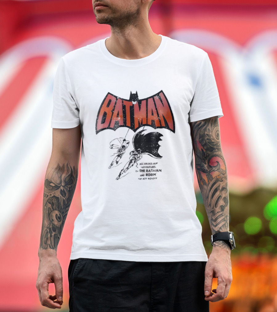 Batman All Brand New Adventures The And Robin Boy Wonder Distressed Line Swinging Capes T-Shirt