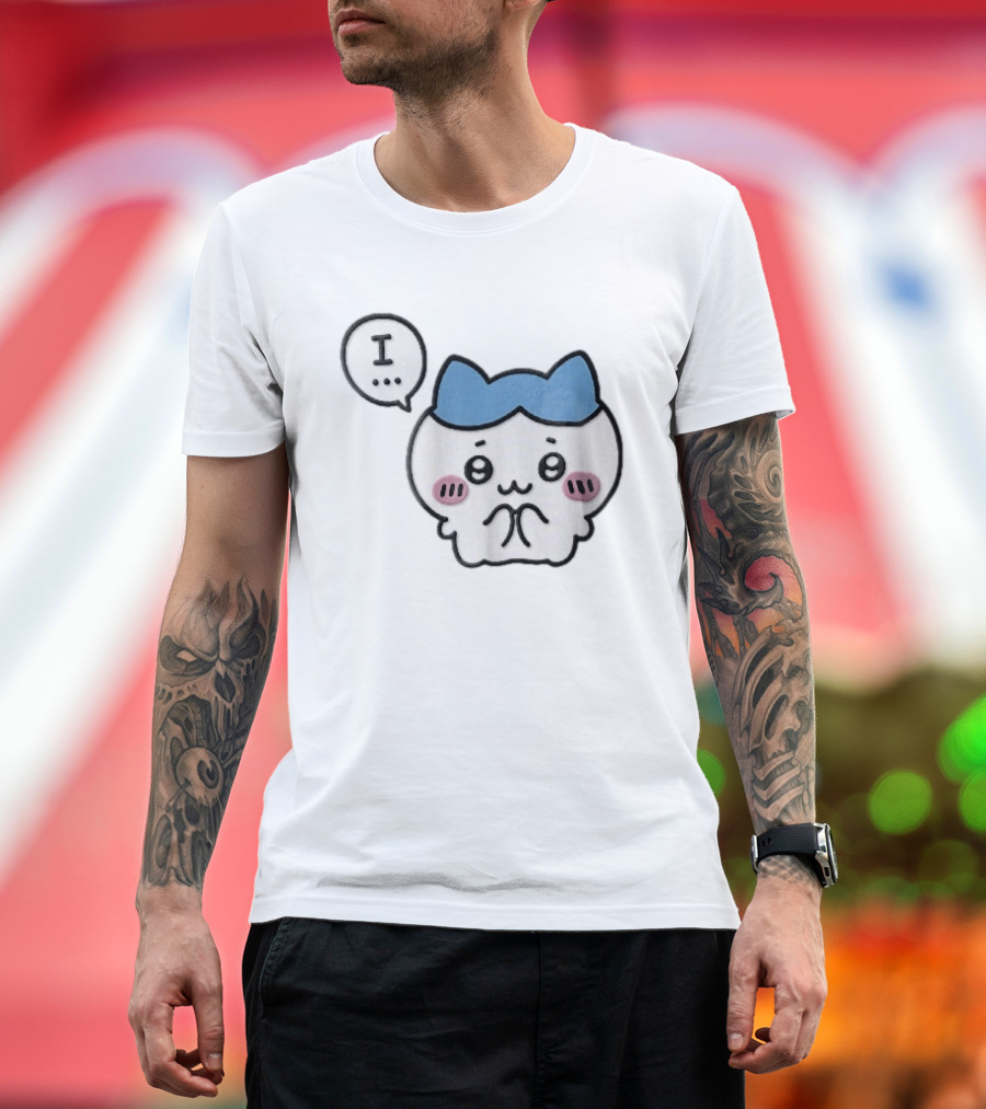 Shy White Cat With Blue Ears Blushing Expression Speech Bubble Text I T-Shirt