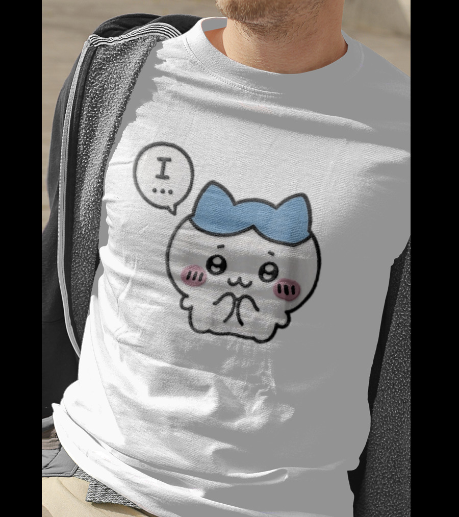 Shy White Cat With Blue Ears Blushing Expression Speech Bubble Text I T-Shirt