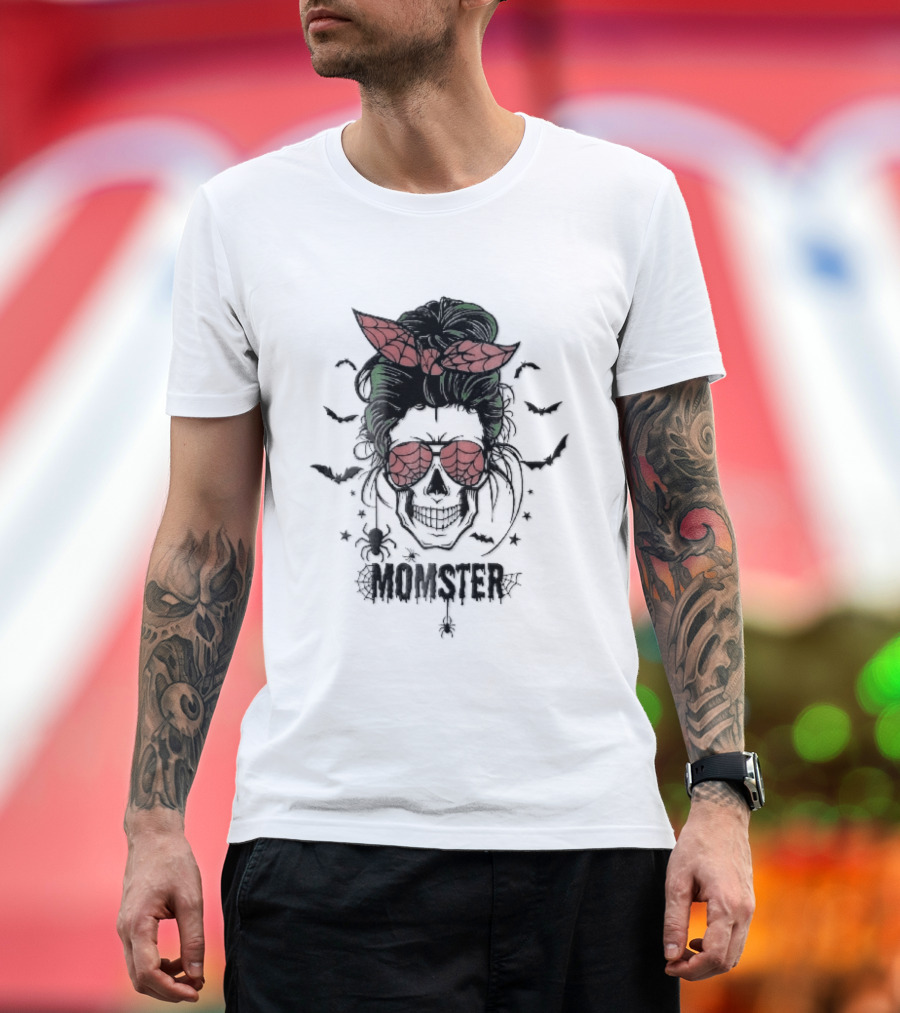 Momster Cartoon Skull Green Messy Bun Spiderweb Glasses T-Shirt