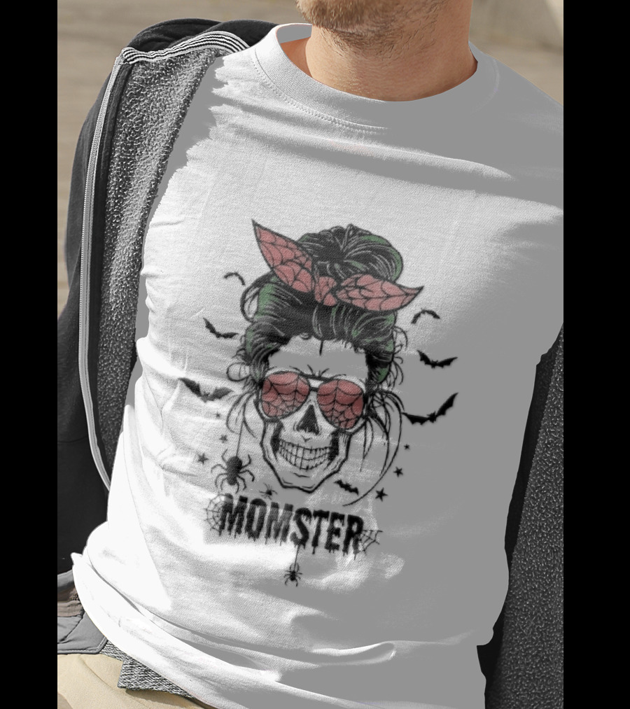 Momster Cartoon Skull Green Messy Bun Spiderweb Glasses T-Shirt