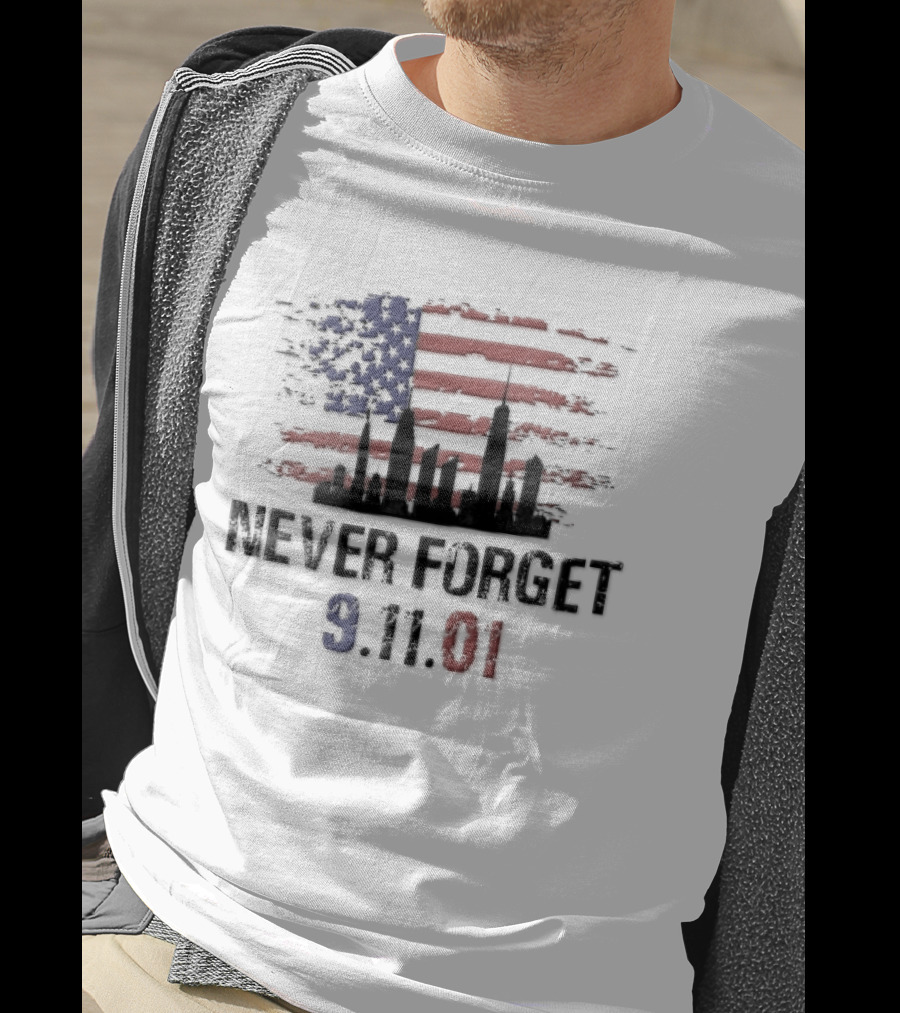Never Forget 9 11 01 Distressed American Flag NYC Skyline T-Shirt