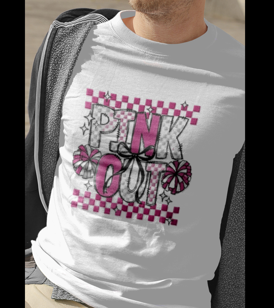 Pink Out Checkerboard Cheerleader Pom Poms Black Ribbon Bow Sparkles T-Shirt