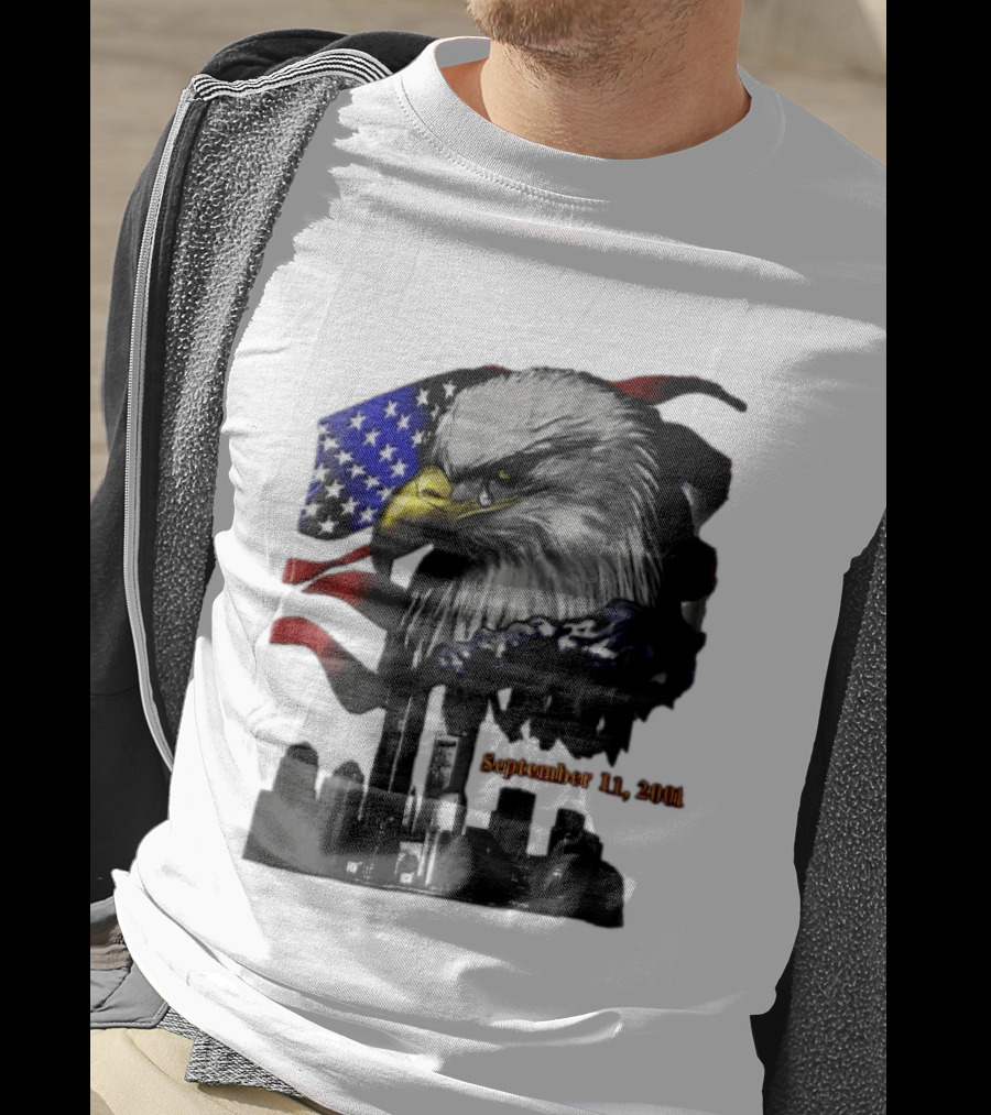 September 11 2001 Twin Towers New York Skyline Crying Bald Eagle American Flag T-Shirt