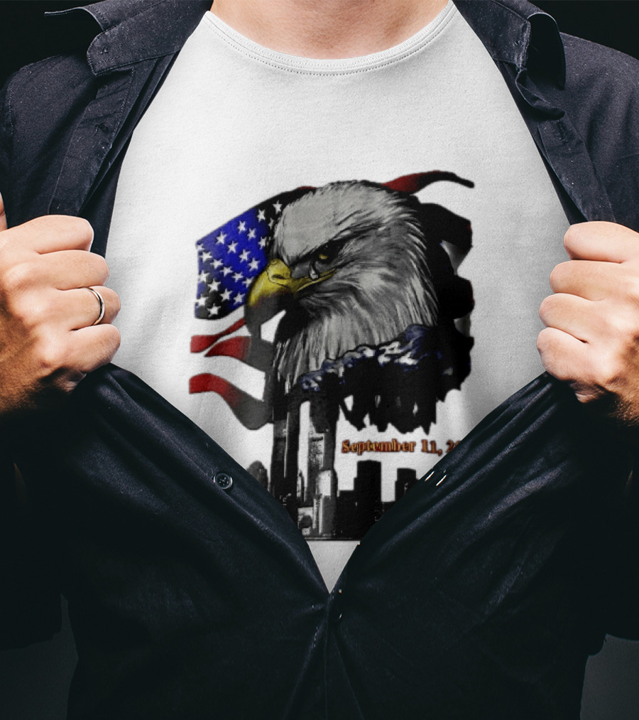 September 11 2001 Twin Towers New York Skyline Crying Bald Eagle American Flag T-Shirt