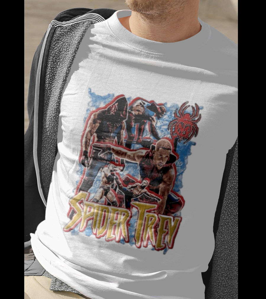 Spider Trey Professional Wrestler Action Collage With Blue Smoke And Red Spider T-Shirt