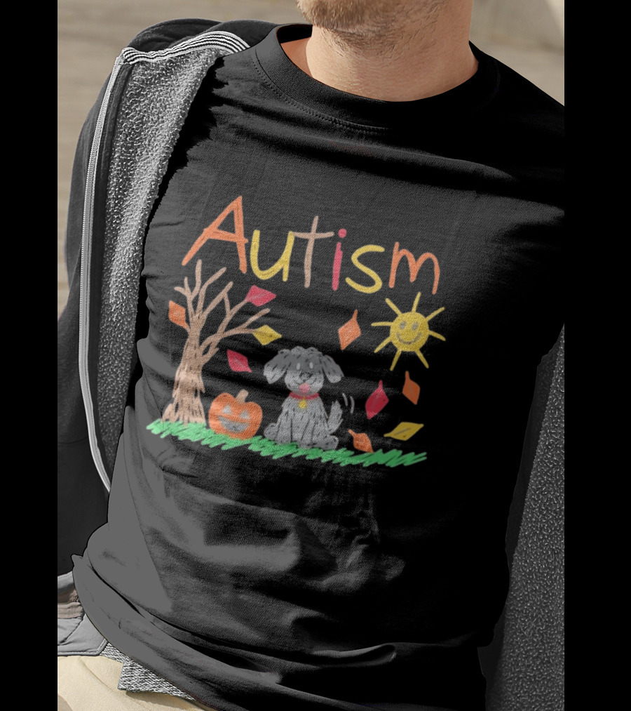 Autism Awareness Fall Puppy Pumpkin Autumn Leaves Sun Drawing T-Shirt