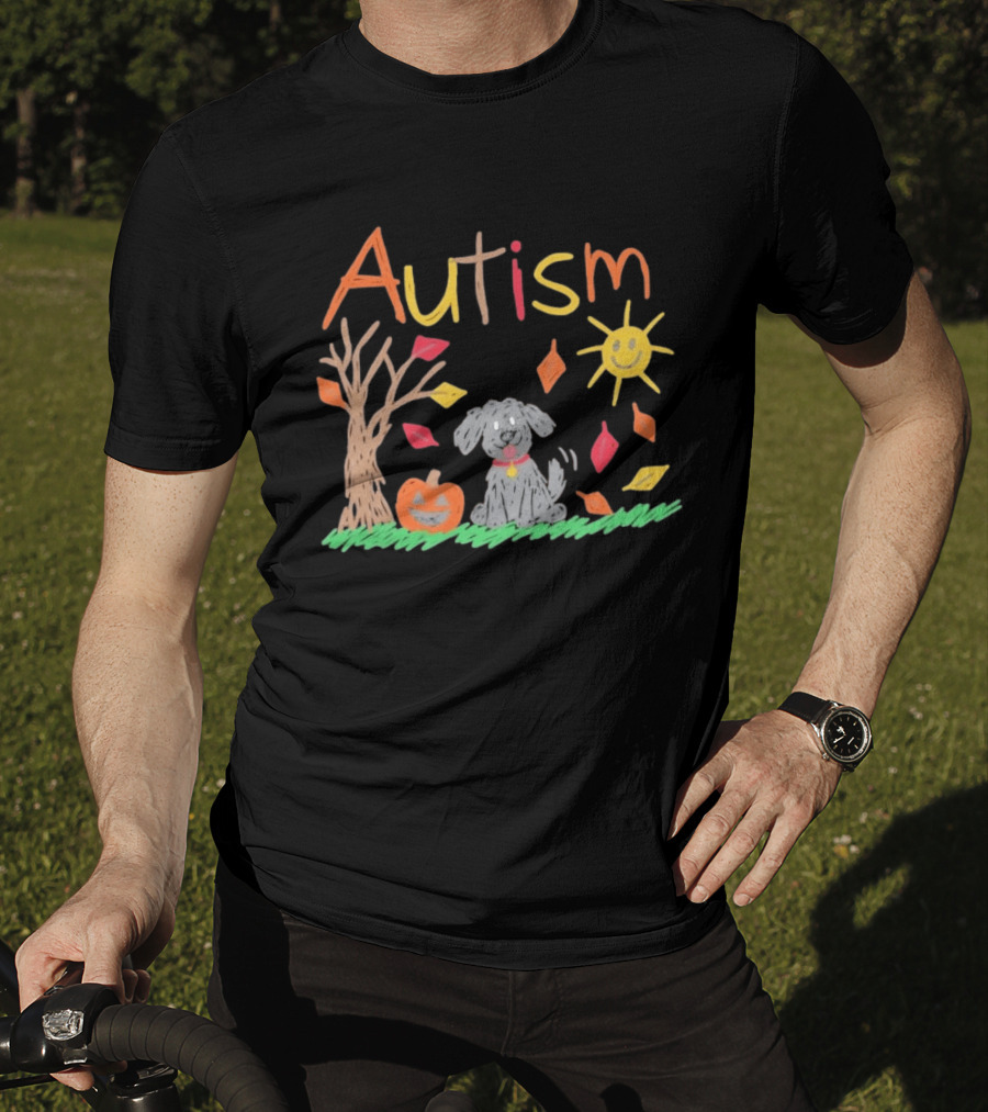 Autism Awareness Fall Puppy Pumpkin Autumn Leaves Sun Drawing T-Shirt