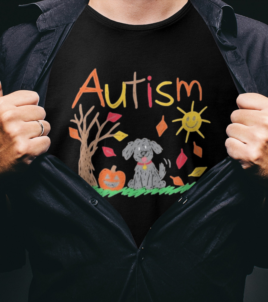 Autism Awareness Fall Puppy Pumpkin Autumn Leaves Sun Drawing T-Shirt