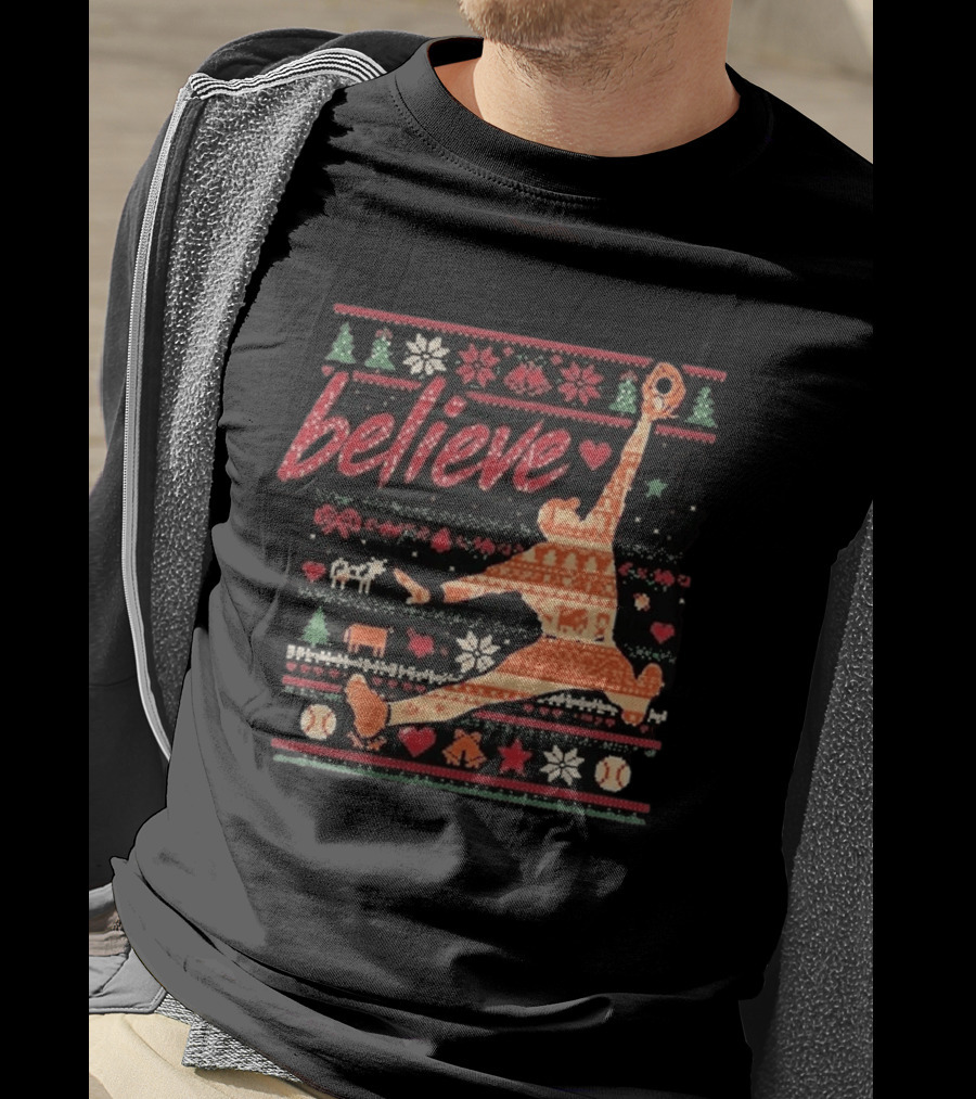 Believe Orioles Air Cowser Ugly Christmas Festive Sweater Baseball Catch T-Shirt