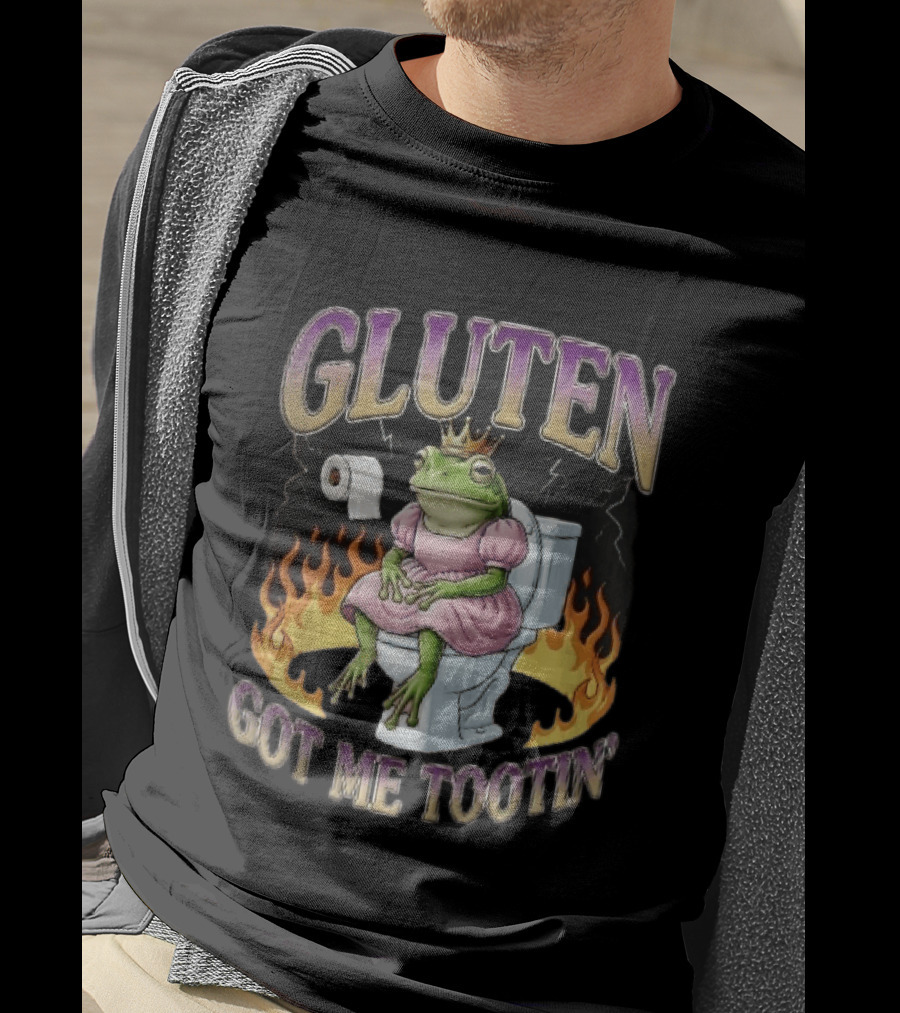 Gluten Got Me Tootin Cartoon Frog Princess Dress Toilet Flames T-Shirt
