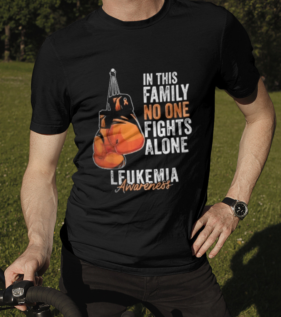 In This Family No One Fights Alone Leukemia Awareness Orange Boxing Gloves T-Shirt