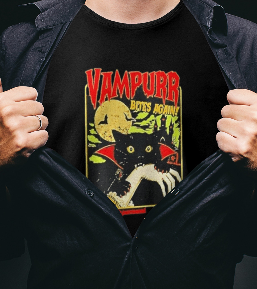 Vampurr Bites Again This Time It's Purrsonal Vintage Horror Cat Moon And Castle T-Shirt