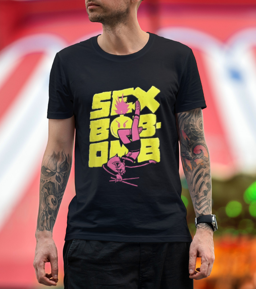 Sex Bob Omb Inverted Pink Cartoon Drummer With Drumsticks Bold Yellow T-Shirt