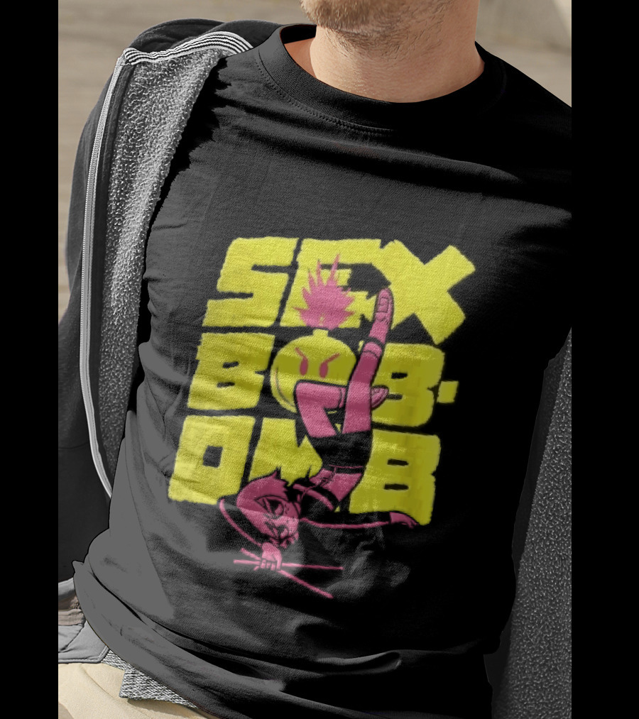 Sex Bob Omb Inverted Pink Cartoon Drummer With Drumsticks Bold Yellow T-Shirt