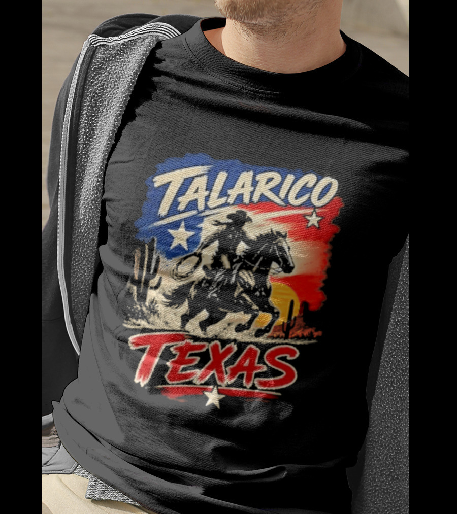 Talarico Texas Cowboy Riding Silhouette With Lone Star And Cactus T-Shirt