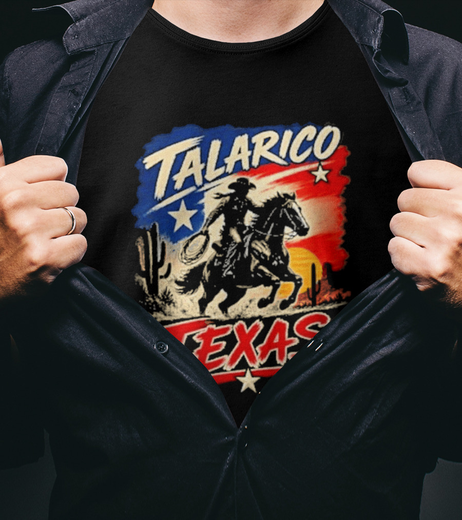 Talarico Texas Cowboy Riding Silhouette With Lone Star And Cactus T-Shirt