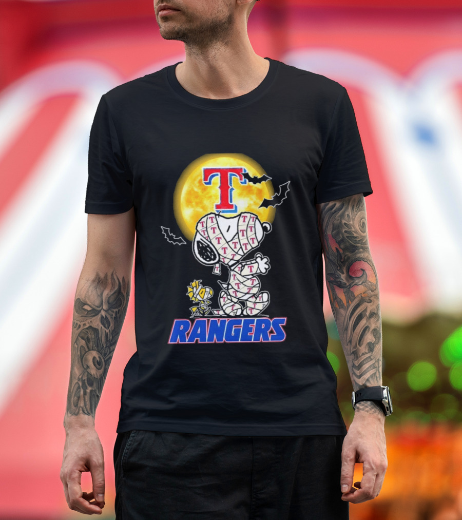 Texas Rangers Snoopy Woodstock Mummy Halloween Collaboration T-Shirt