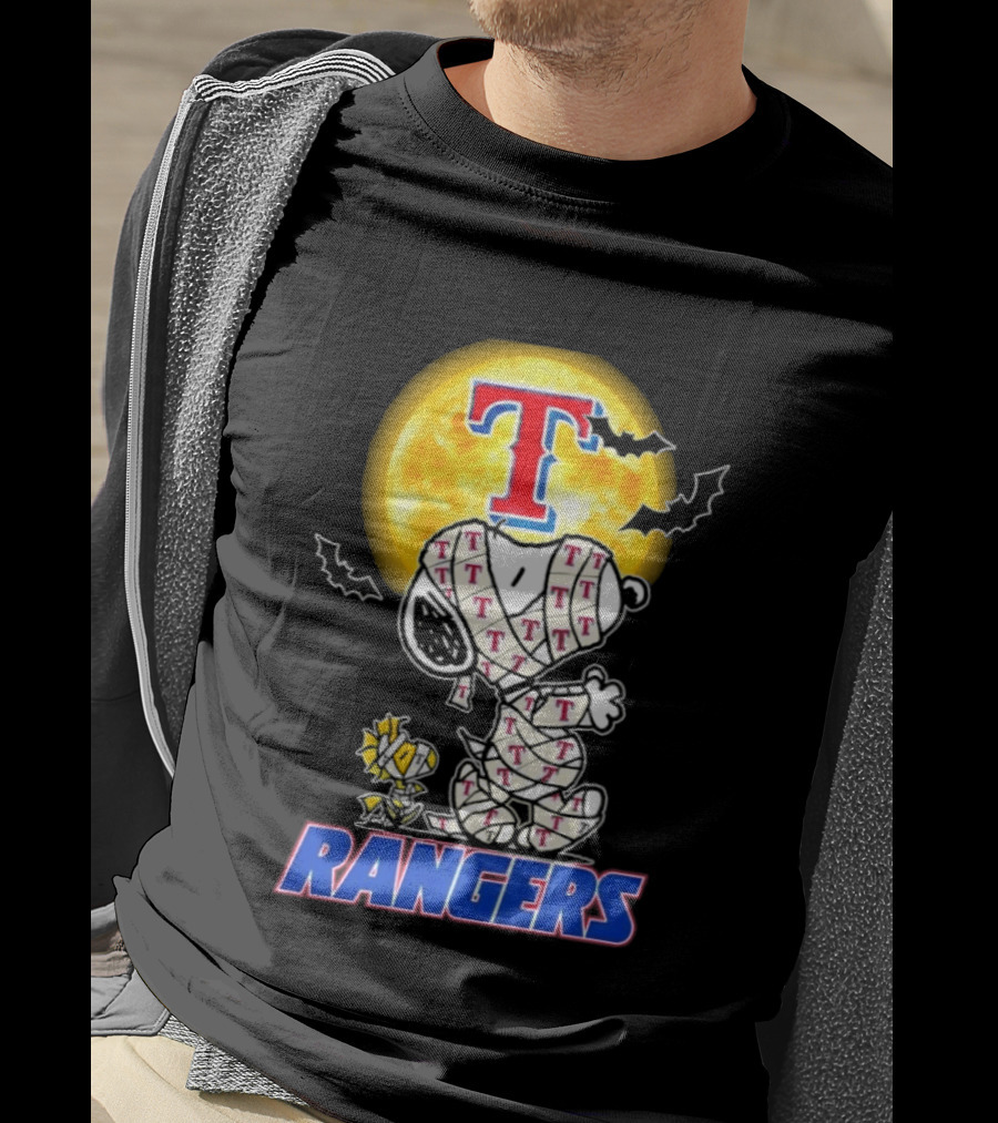 Texas Rangers Snoopy Woodstock Mummy Halloween Collaboration T-Shirt