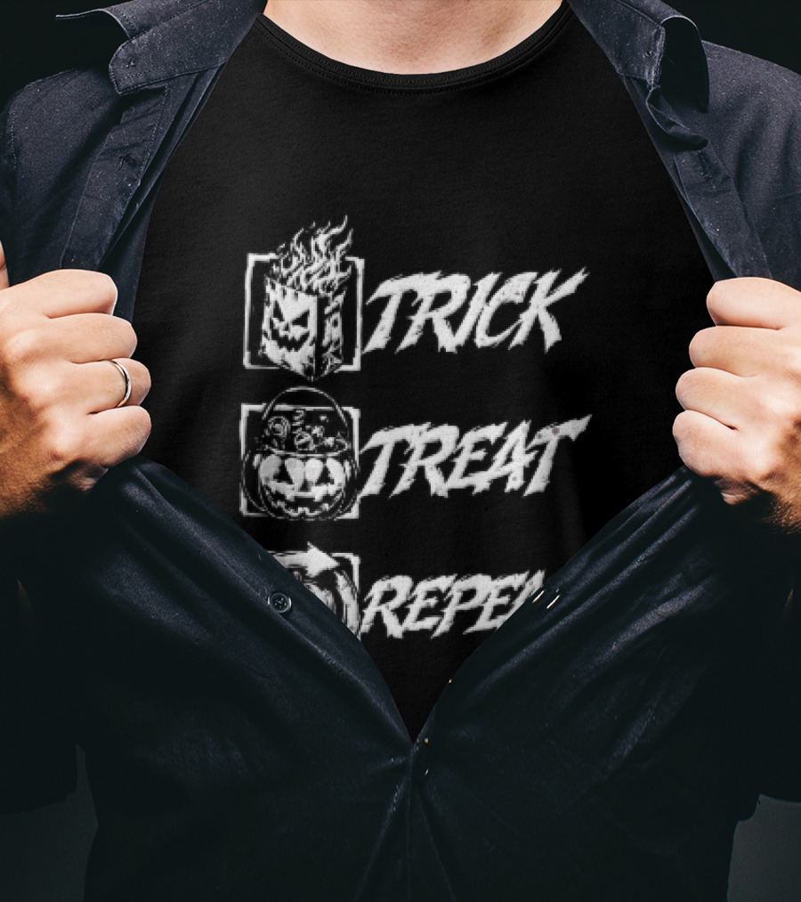Trick Treat Repeat Flaming Bag Candy Bucket Pumpkin Motif T-Shirt