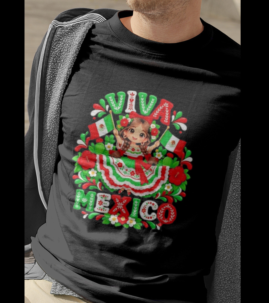 Viva Mexico Girl Festive Mexican Flags Floral Celebration T-Shirt