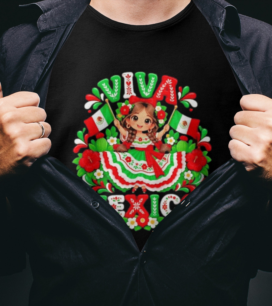 Viva Mexico Girl Festive Mexican Flags Floral Celebration T-Shirt