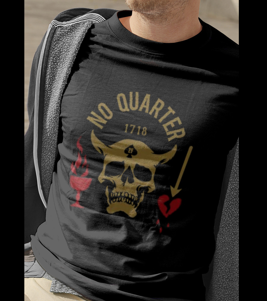 No Quarter 1718 Skull Red Heart Flame Arrow T-Shirt