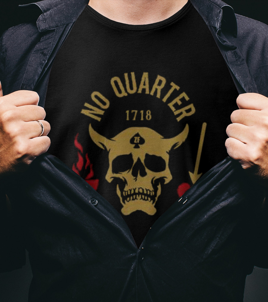 No Quarter 1718 Skull Red Heart Flame Arrow T-Shirt