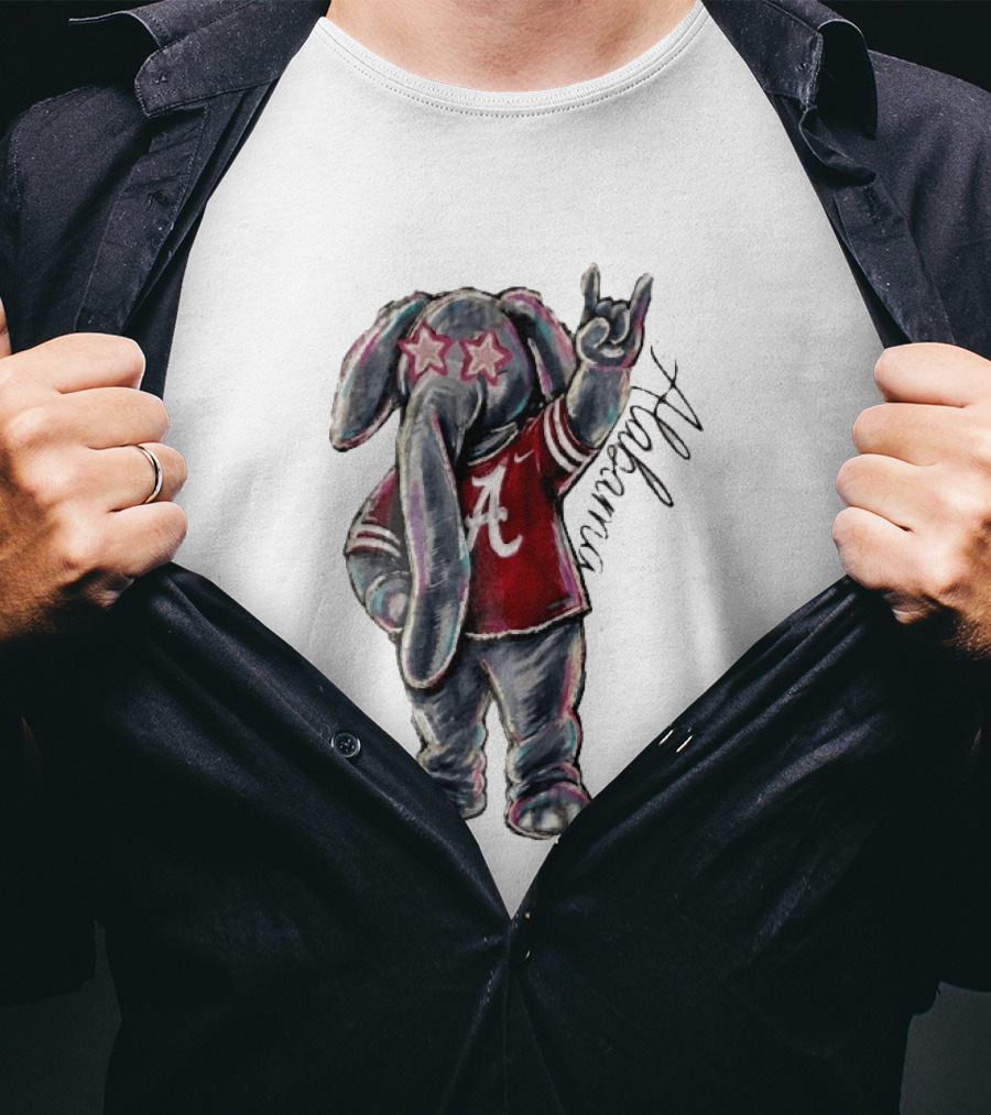 Alabama Crimson Tide Elephant Pink Star Glasses Hand Sign Sketch T-Shirt