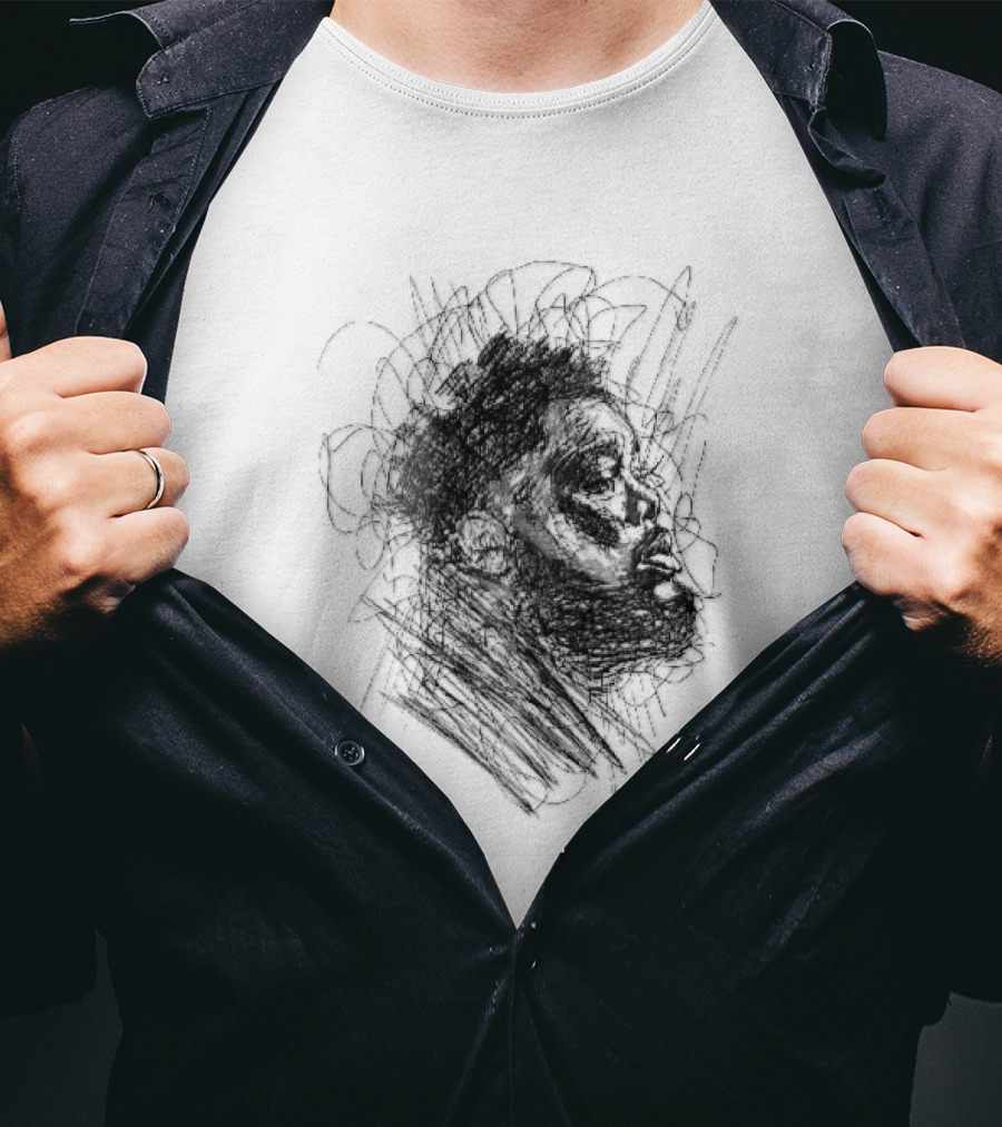 Bearded Man Profile Black Ink Scribble Sketch T-Shirt