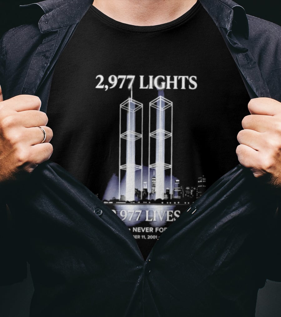 2,977 Lights 9/11 Memorial 25 Years Never Forgotten T-Shirt