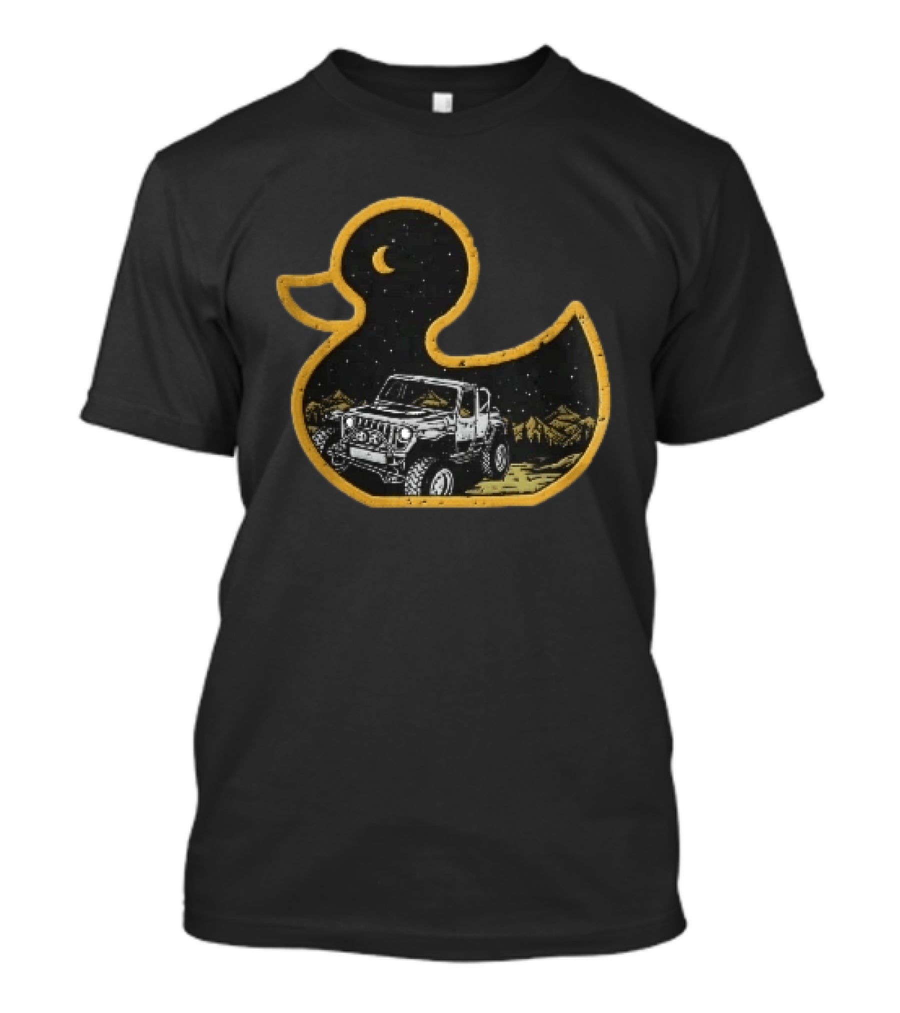 Distressed Yellow Duck Jeep Mountains Night Sky Crescent Moon T-Shirt